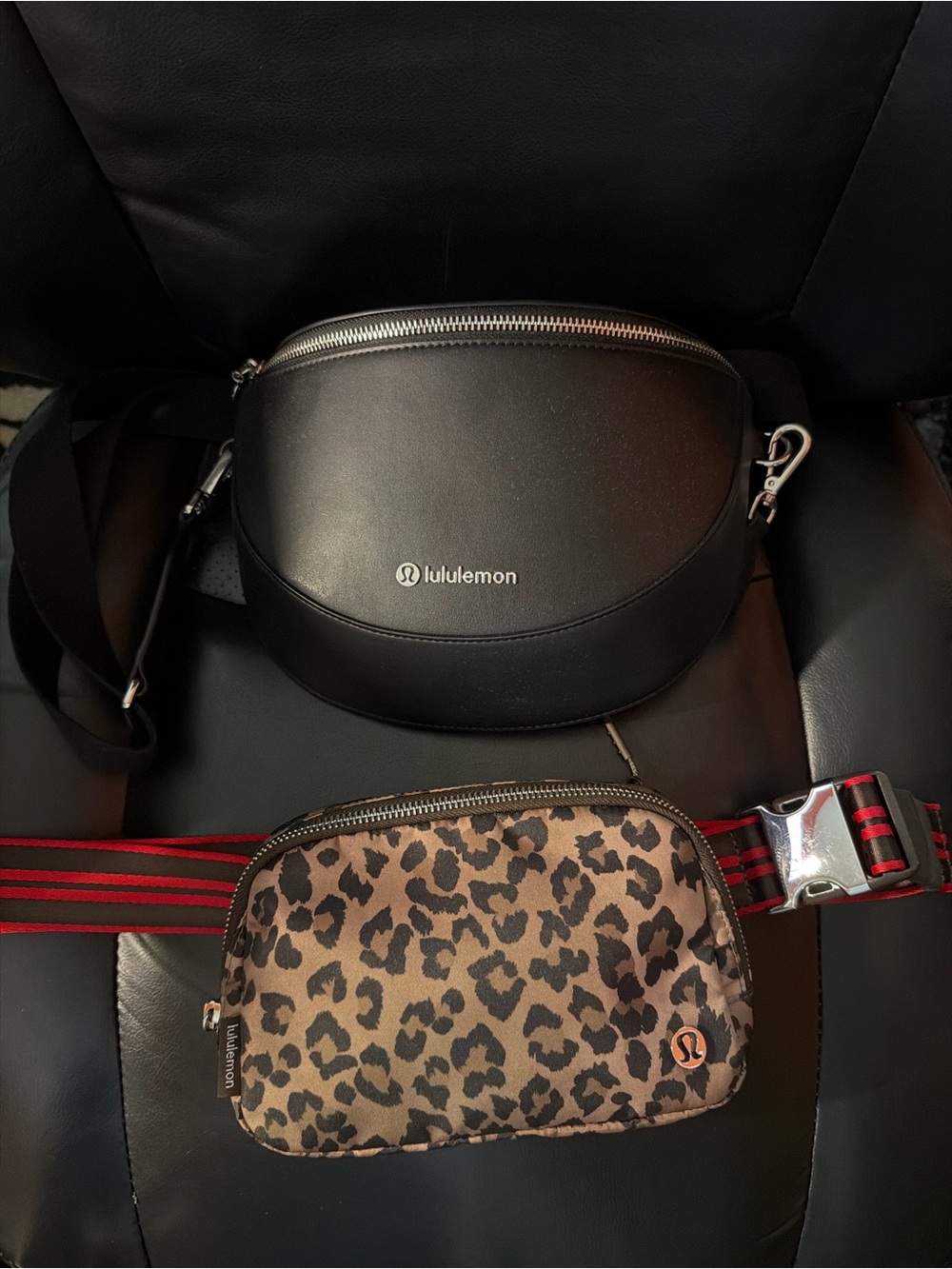 lululemon Black Leather Oval Crossbody & Leopard Print Belt Bag